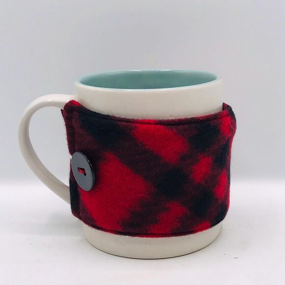 Handmade Mug Cozy, Plaid Fleece Red Black, Hot Beverage Cozy, Stocking Stuffer - Picture 5 of 6